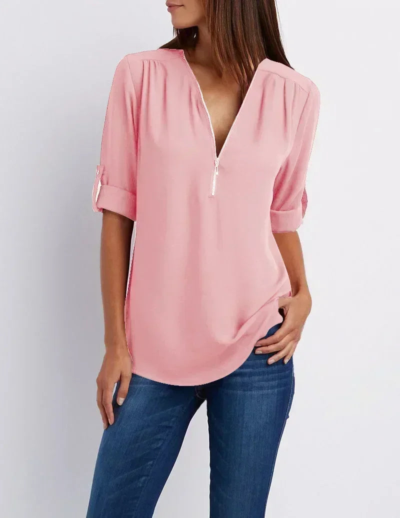 Chiffon Bluse Damen Locker Geschnitten Kühlende V-Ausschnitt Langarm