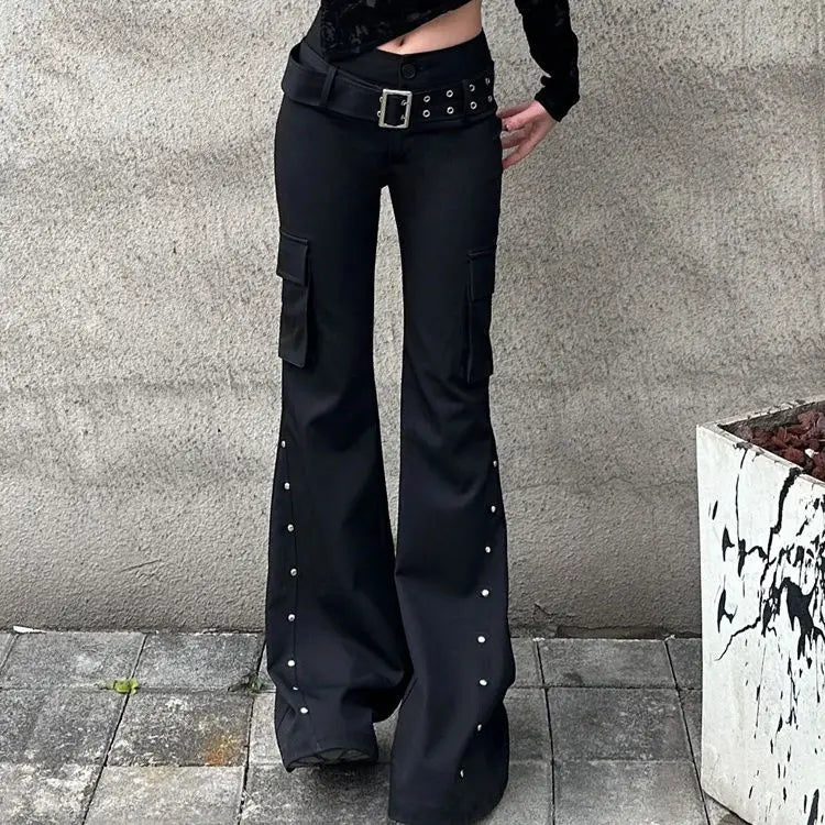 Damen Schlaghose Mit Nieten-Design Und Gürtel-Deko Low Waist Harajuku Stil