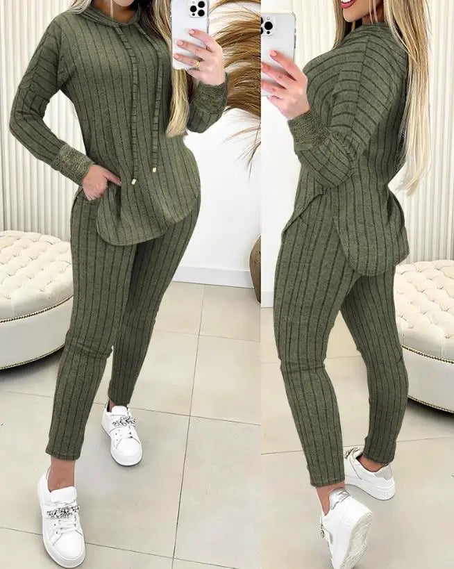 Damen Hoodie Set Zweiteilig Mit Spitze Patch Kapuzenoberteil Hose Mit Taschen