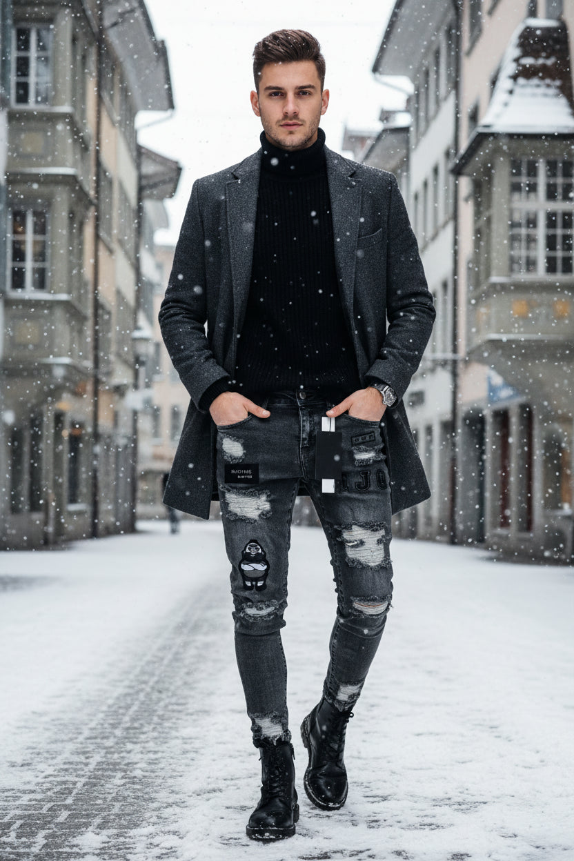 Herren Stretch Jeans Slim Fit Denim Retro Waschdesign Reissverschluss