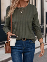 Einfarbiges Geripptes Damen-Langarmshirt mit Rundhalsausschnitt