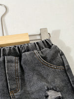 Jungen 3-Teiliges Jeansset Herbst Winter Jeansjacke Zerrissene Jeans Rundhals-Shirt