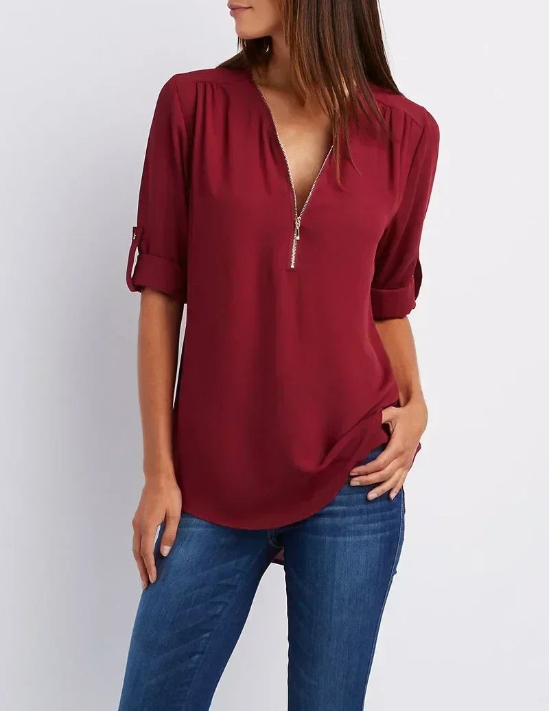 Chiffon Bluse Damen Locker Geschnitten Kühlende V-Ausschnitt Langarm