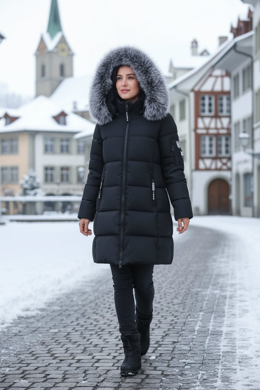 Damen Winter Parka Mit Kapuze Warm Gefüttert Baumwollfüllung