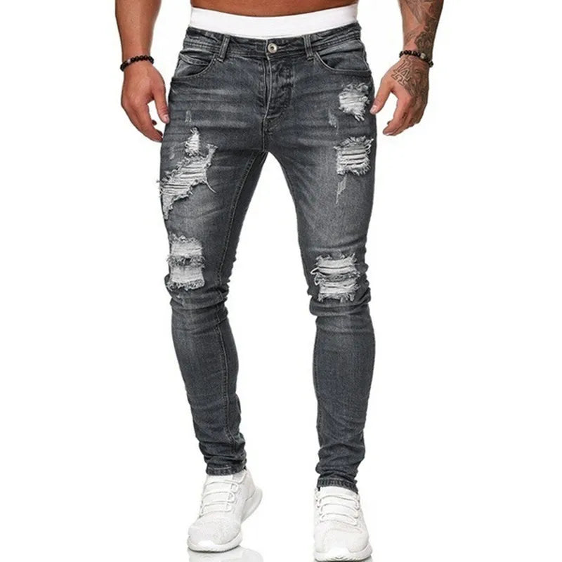 Herren Jeans Slim Fit Zerrissene Denim Hose Street Style