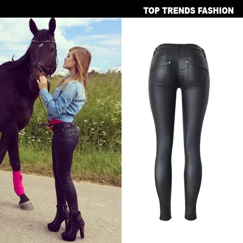 Damen Kunstleder-Hose Low Waist PU-Leder Stretch – Lederlook-Hose