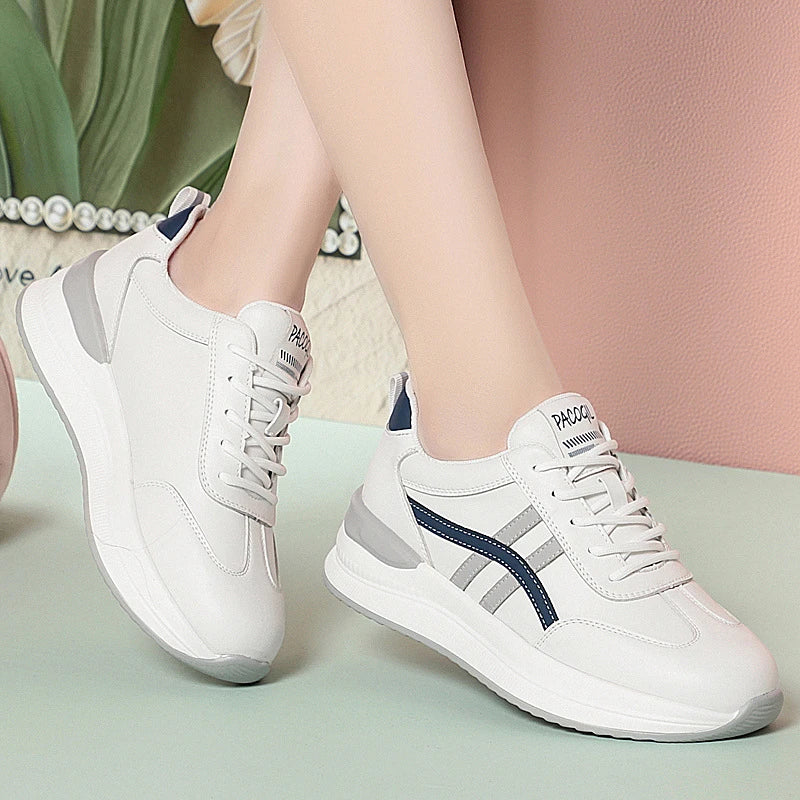 Damen Sneaker Weiss Gelb Flache Sohle Bequem Freizeitschuhe Leder