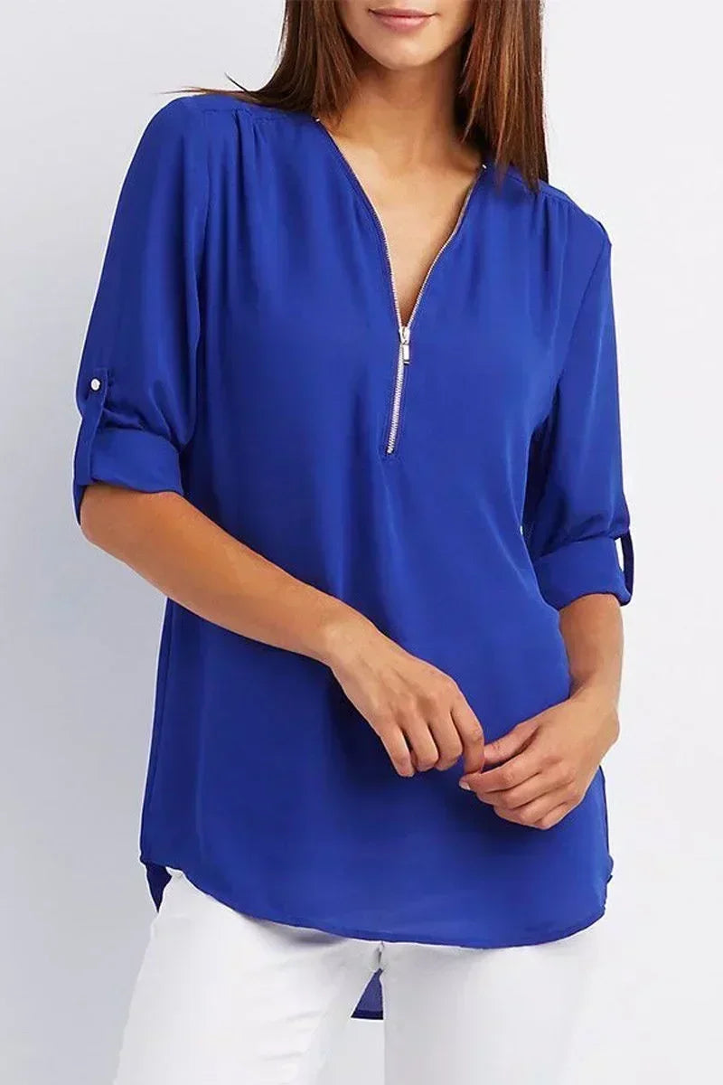 Chiffon Bluse Damen Locker Geschnitten Kühlende V-Ausschnitt Langarm