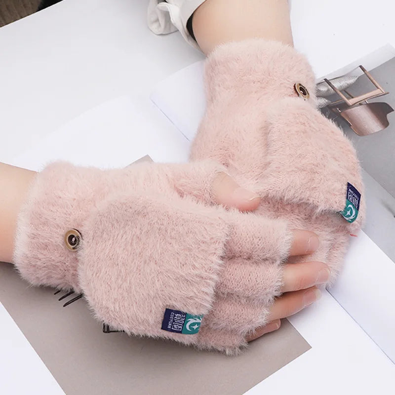 Damen Plüsch Fingerlose Winterhandschuhe Klappbare Flipkappe Warm Weich