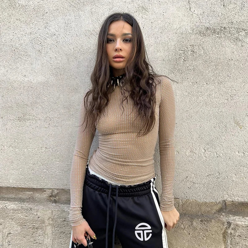 Transparentes Damen-Langarmshirt mit Glitzersteinen