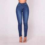 Damen Jeans High Waist Elastisch Denim Bleistift-Hose mit Knopfdekor