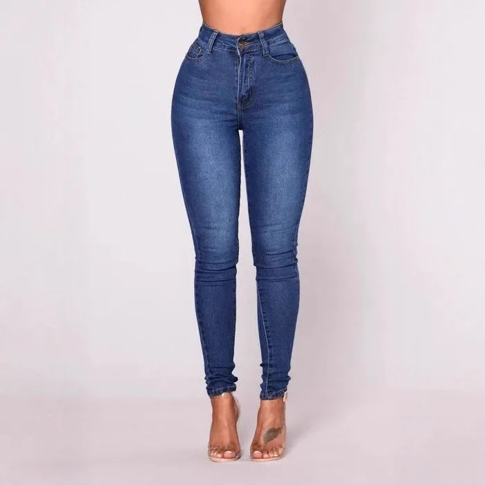 Damen Jeans High Waist Elastisch Denim Bleistift-Hose mit Knopfdekor