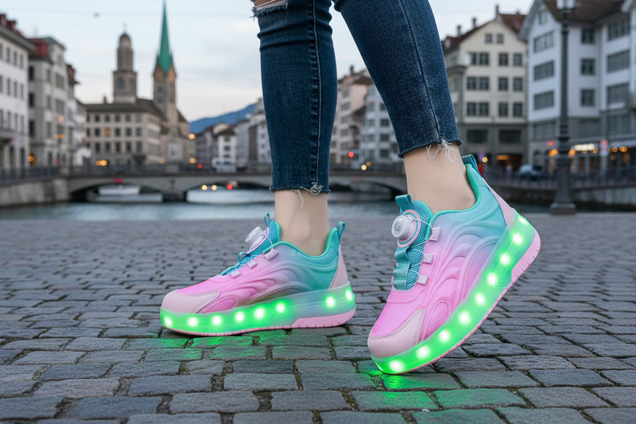 Kinder LED Rollschuh Turnschuhe Mit Rollen Leuchtende Sohlen USB Aufladung