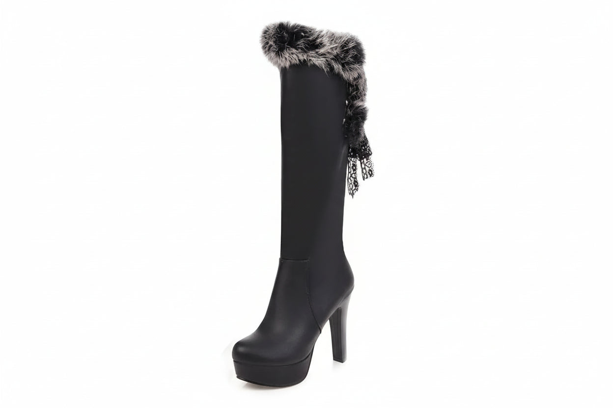 Kniehohe Damen Fellstiefel Stiletto Absatz Mit Fellfutter Warm