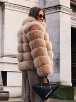 Luxus Wintermantel Damen Echter Fuchspelz Stehkragen Warm