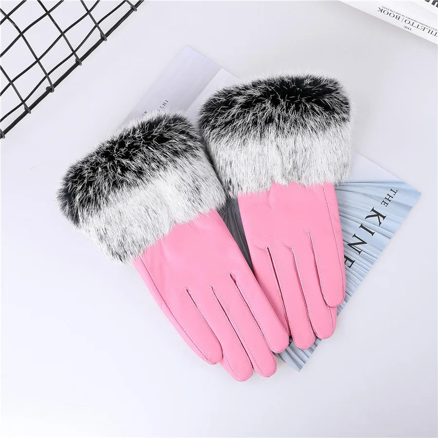 Damen Lederhandschuhe Echtes Schaffell Kaninchenfell Manschette Fleecefutter