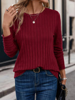 Einfarbiges Geripptes Damen-Langarmshirt mit Rundhalsausschnitt