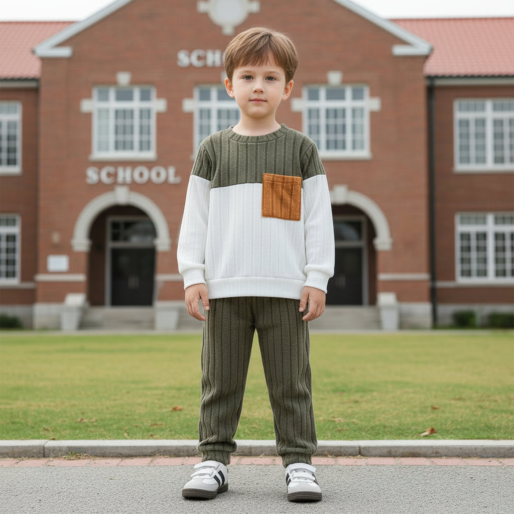 Jungen Outfit Set Langarm Top Hose Colorblock 2teilig Weich Sportlich