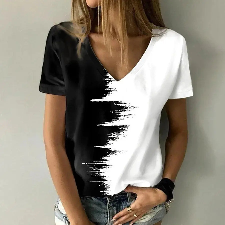 Damen T-Shirt 3D-Druck Farbverlauf V-Ausschnitt Kurzarm Sommer