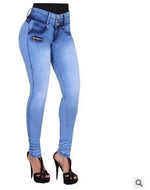 Damen Jeans High Waist Hellblau mit Schleifendekor – Bleistift-Hose