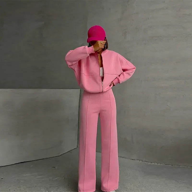 Damen Sweatset Mit Reissverschlussjacke Und Elastischer Taille Frühling Herbst