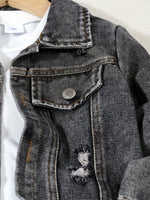 Jungen 3-Teiliges Jeansset Herbst Winter Jeansjacke Zerrissene Jeans Rundhals-Shirt