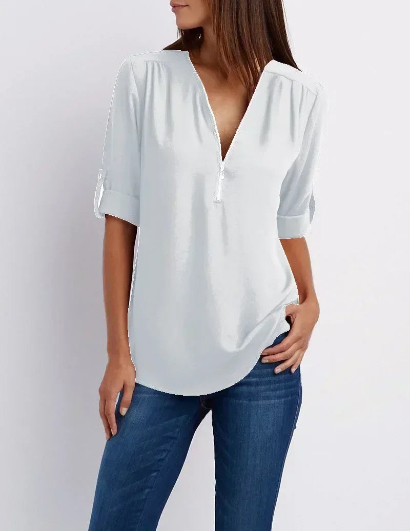 Chiffon Bluse Damen Locker Geschnitten Kühlende V-Ausschnitt Langarm
