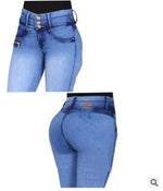 Damen Jeans High Waist Hellblau mit Schleifendekor – Bleistift-Hose