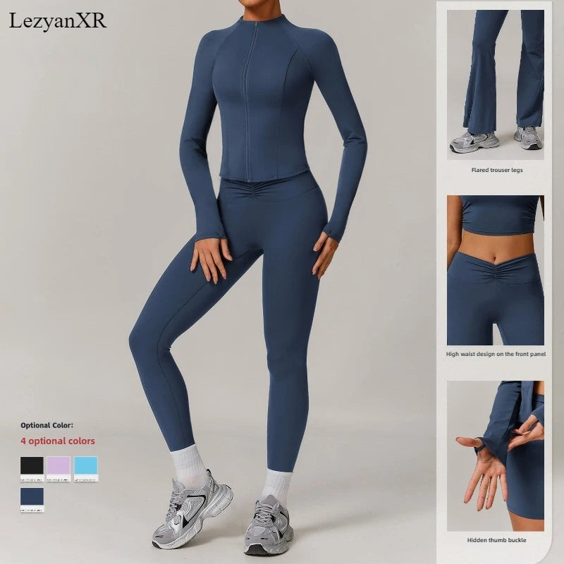 LezyanXR Damen Yogaanzug – Reissverschluss Stehkragen Hip-Lift Leggings