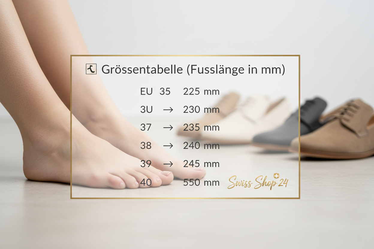 📏 Grössentabelle (Fusslänge in mm)

EU 35 → 225 mm  
EU 36 → 230 mm  
EU 37 → 235 mm  
EU 38 → 240 mm  
EU 39 → 245 mm  
EU 40 → 250 mm  Mit ein schönes Füssebild, schuhebild im hintergrund und Swiss Shop 24 giniert